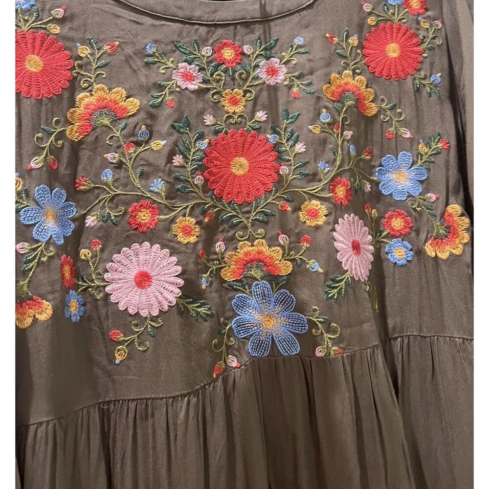 Savanna Jane Boho Embroidered Short Dress 3/4 Sleeves Smoke Gray Cottagecore M - Picture 2 of 8